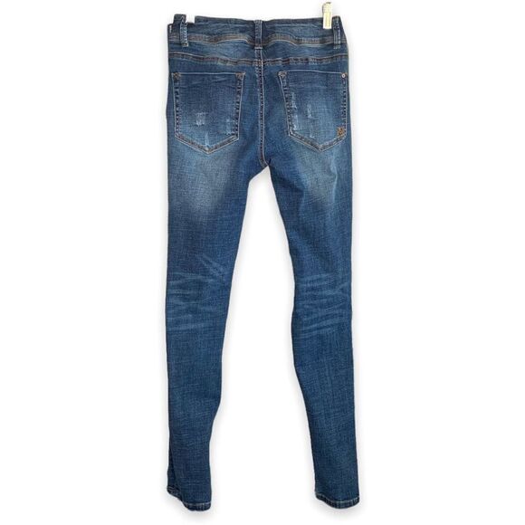 Indigo Rein Jeans Medium Wash Distressed Skinny Midrise Double Button - Picture 4 of 9